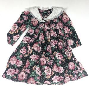 Vtg Too Sweet Dress Girls Sz 5 Black Floral 90s